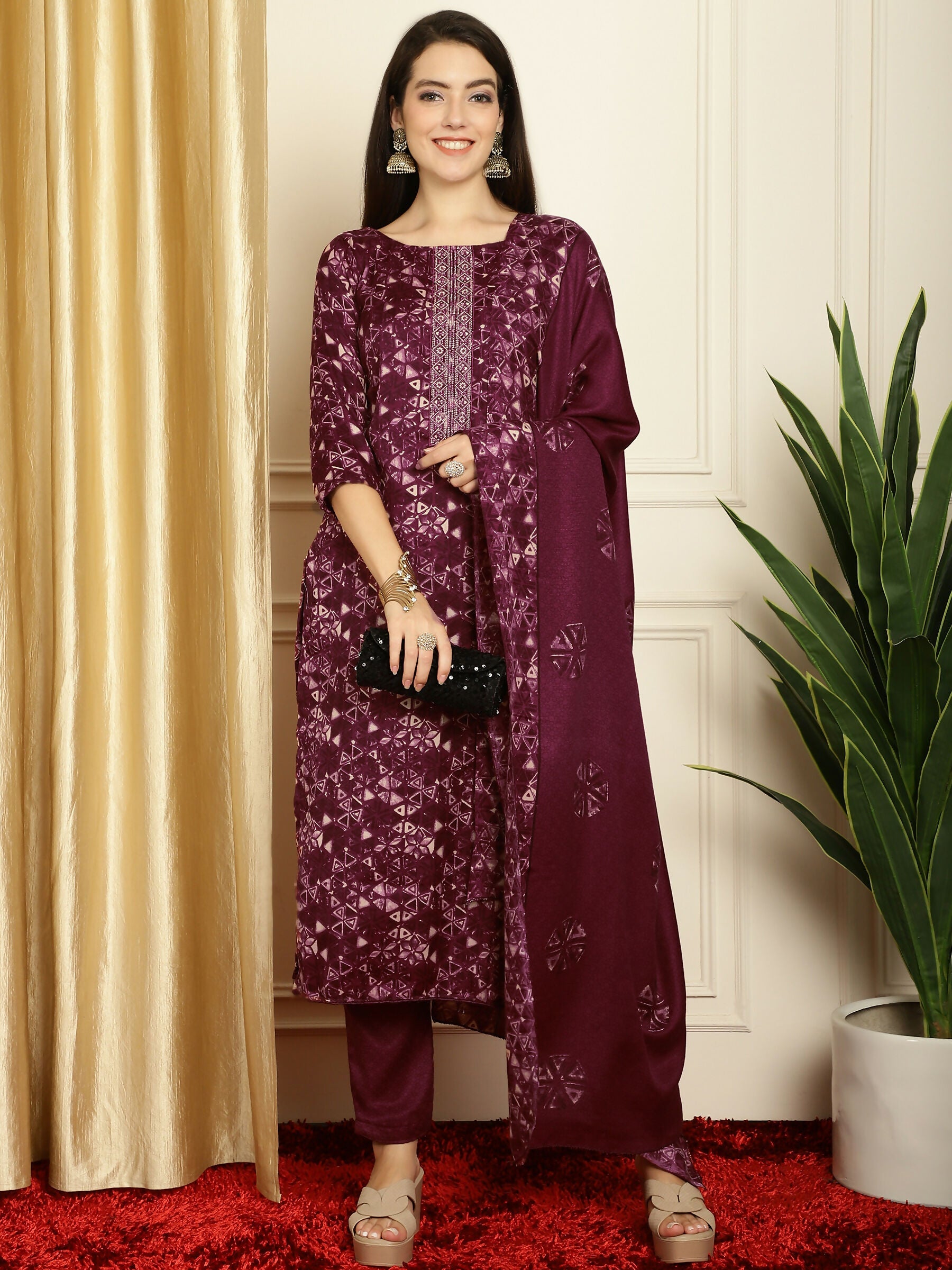 Jyoti Fashion Women's Wine Pashmina Floral Digital Printed Kurta with Trouser & Dupatta | Swadesiicart