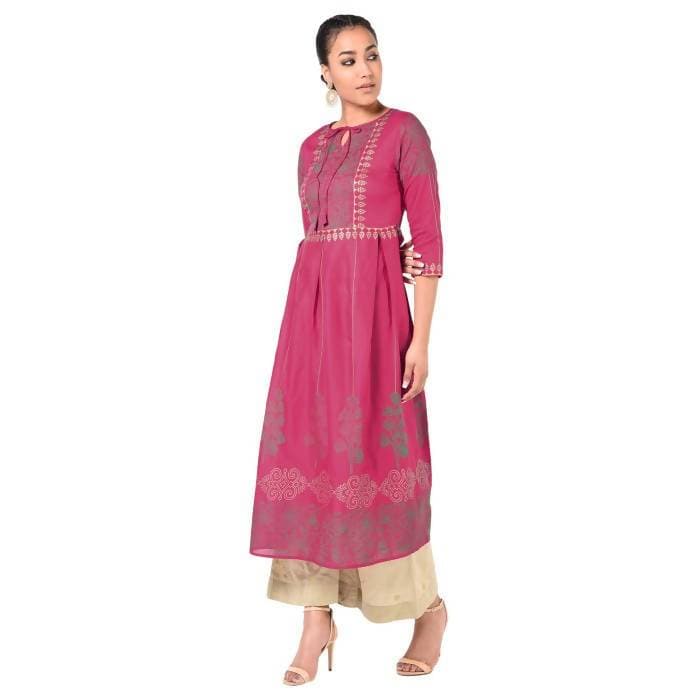 Aniyah Cotton Gold Print Flared Kurta Fuchsia (AN-163K) - Swadesiicart