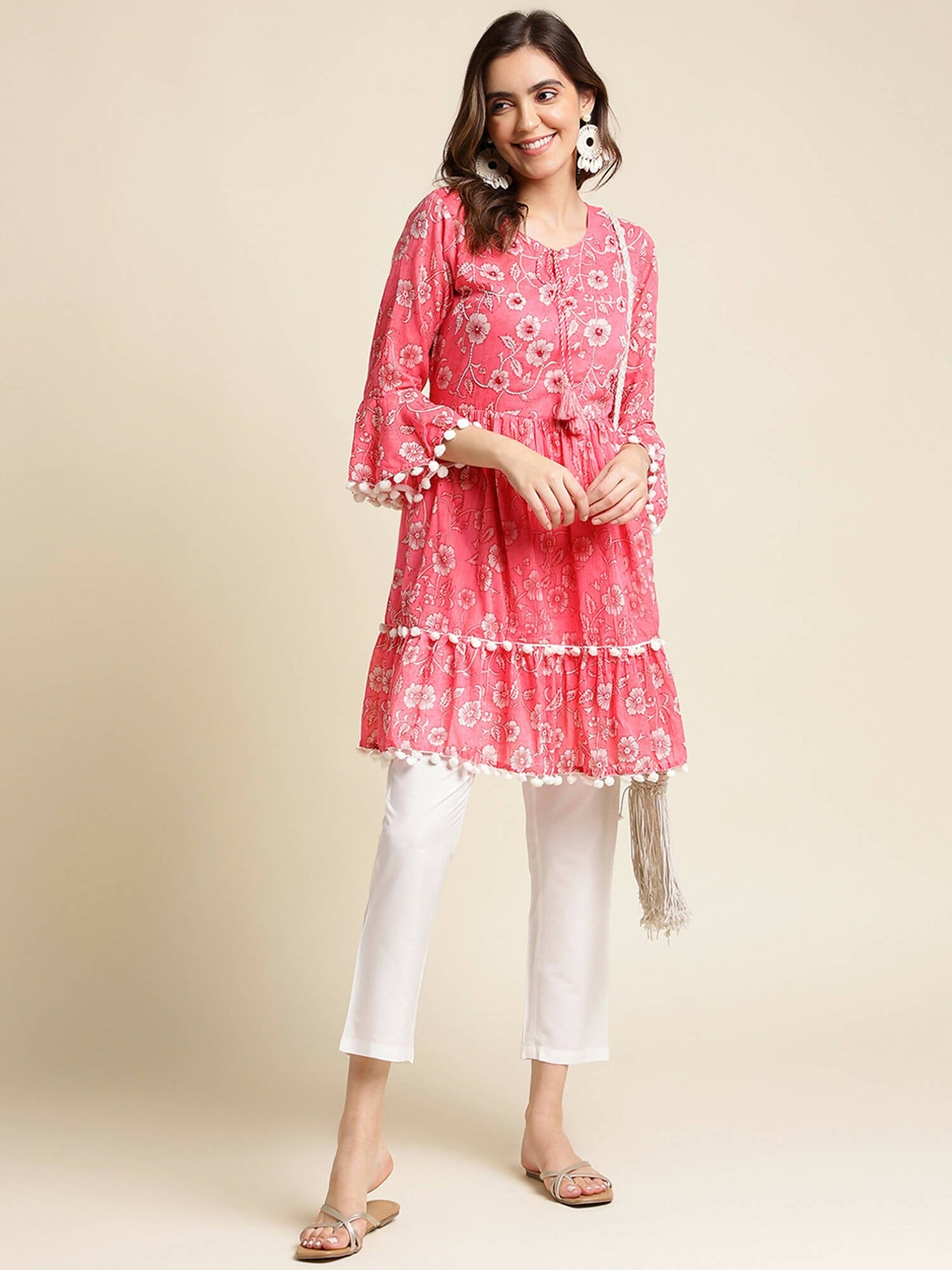Pink Cotton Floral Printed Top - Himanshi - Swadesiicart