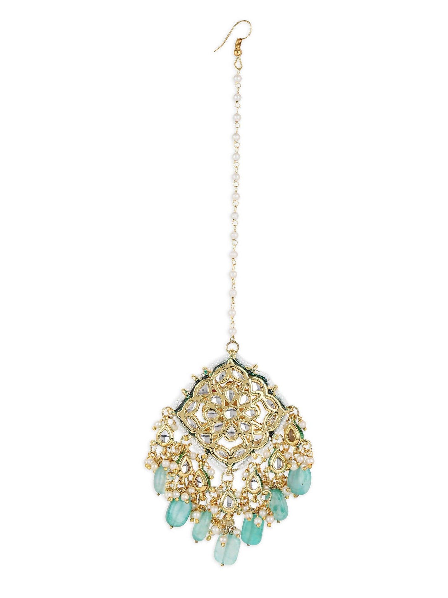White Blue Gold-Polished Kundan-Studded Beaded Maang Tikka - Ruby Raang | Swadesiicart