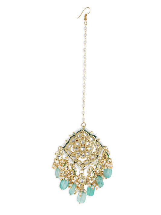 White Blue Gold-Polished Kundan-Studded Beaded Maang Tikka - Ruby Raang | Swadesiicart