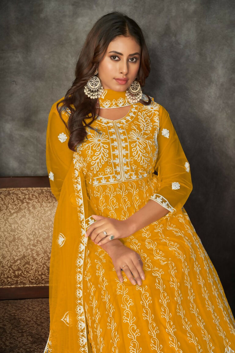 Jyoti Fashion Women's Yellow Net Embroidered Anarkali Kurta Pant Set With Dupatta | Swadesiicart
