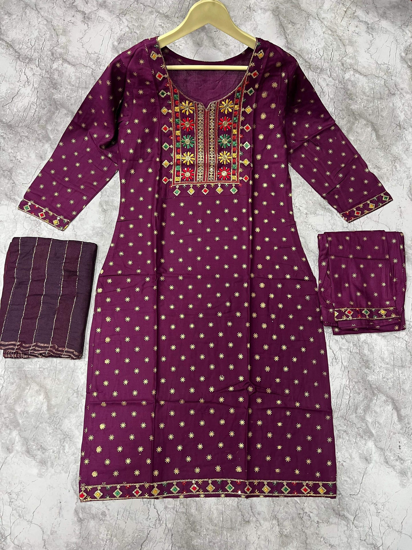 Jyoti Fashion Women's Wine 14KG Rayon Foil Print with Embroidery Kurta Set | Swadesiicart