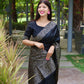 Vishnu Weaves Women's Black Handloom Raw Silk Woven Border Saree with Unstitched Blouse - Swadesiicart