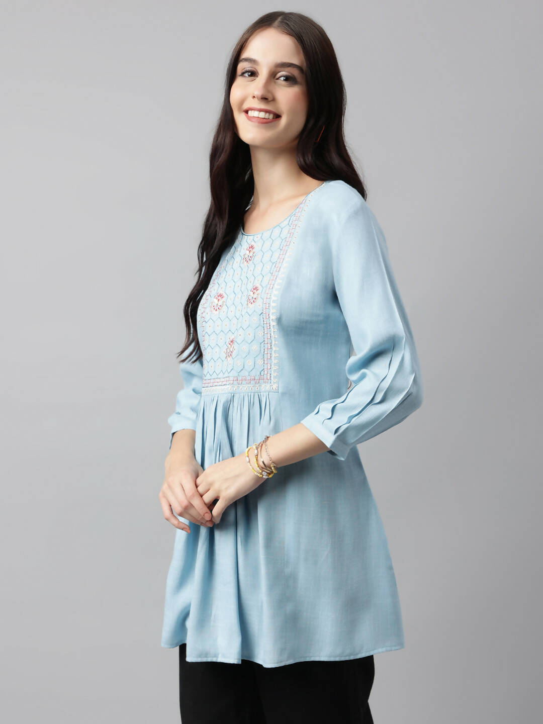 Light Blue Rayon Yoke Embroidered A-line Top - Tarini - Swadesiicart