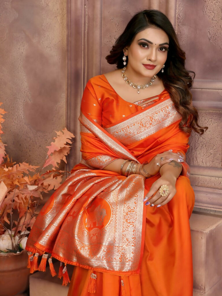 Anaita Dark Orange Banarasi Silk With Beautiful Gala Weaving Saree With Blouse | Swadesiicart