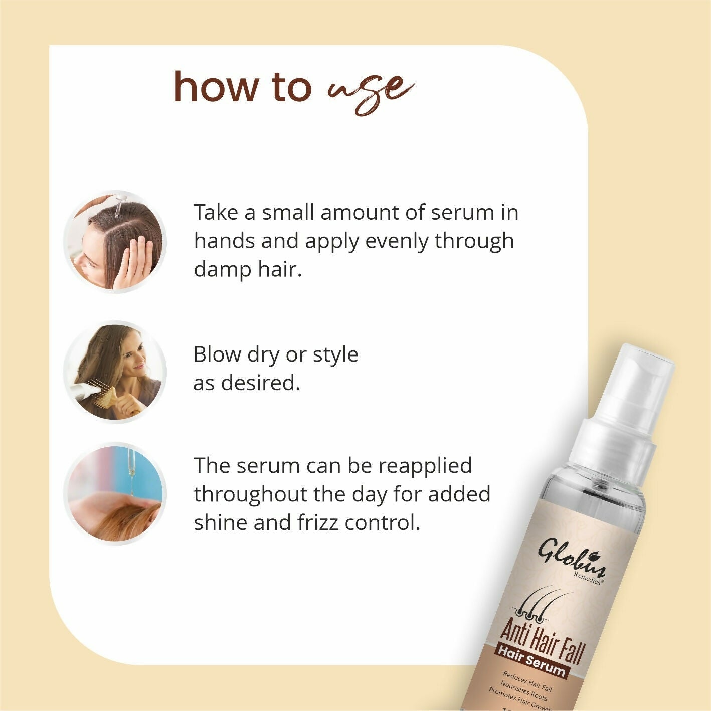 Globus Remedies Anti-Hair Fall Hair Serum, For Frizzy Hair, Smoothens Rough Ends, Adds Instant Shine | Swadesiicart