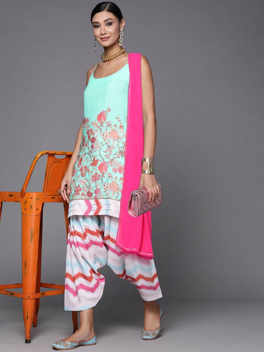 Ahalyaa Women Blue Floral Printed Kurta with Patiala & With Dupatta | Swadesiicart