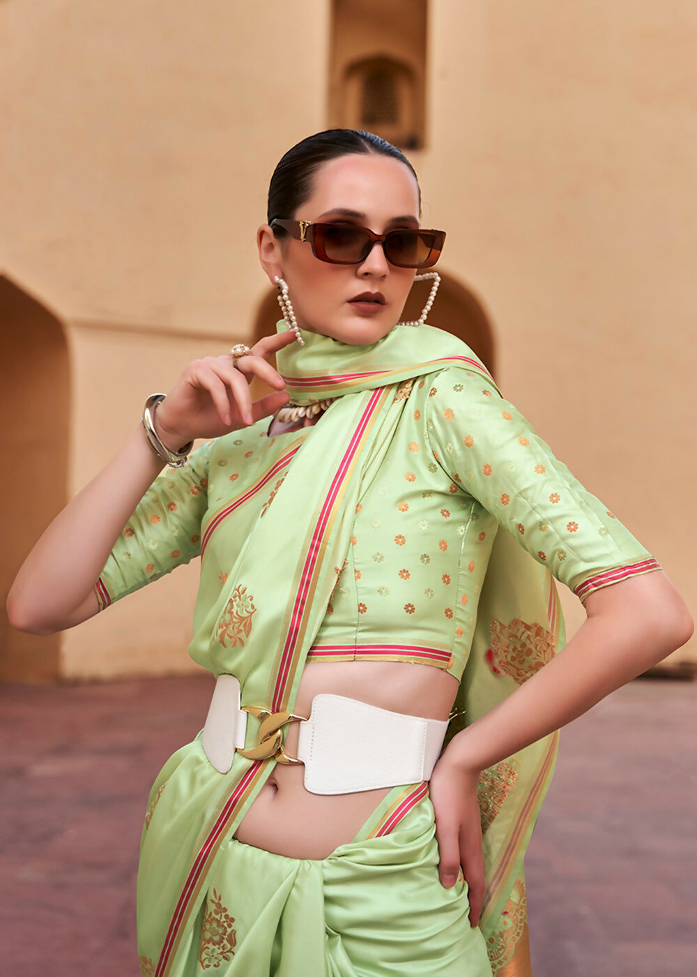 Sprout Green Pure Satin Zari Weaving Wedding Festive Saree - Emponline | Swadesiicart