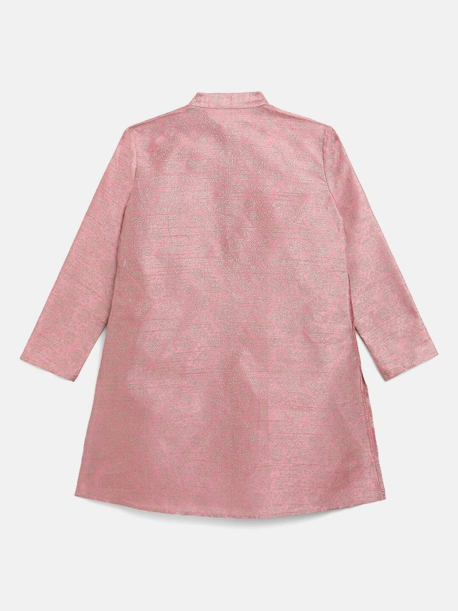 Ahalyaa Rose Gold Poly Silk Gold Print Kids Kurta Churidar Set For Boys | Swadesiicart