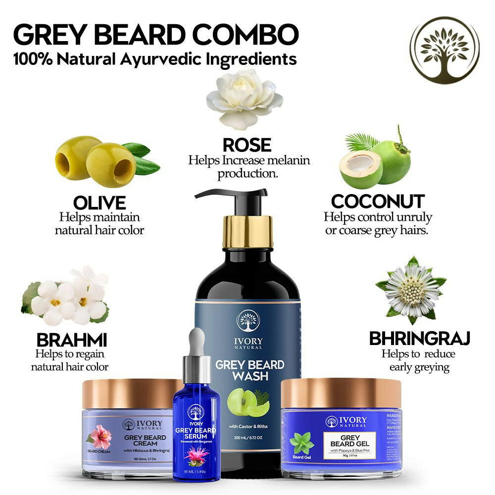 Ivory Natural Grey Beard Combo (Serum, Cream, Wash & Gel) Restore Your Silver Beard To Natural Color | Swadesiicart
