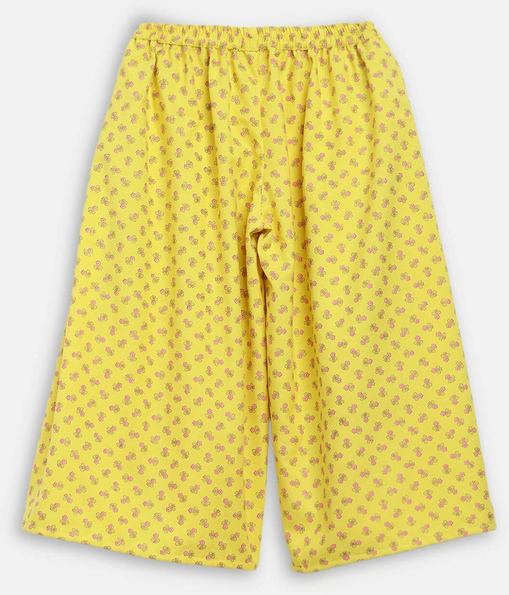 Ahalyaa Yellow Viscose Rayon Printed Kids Top & Palazzo Sets With Jacket For Girls | Swadesiicart