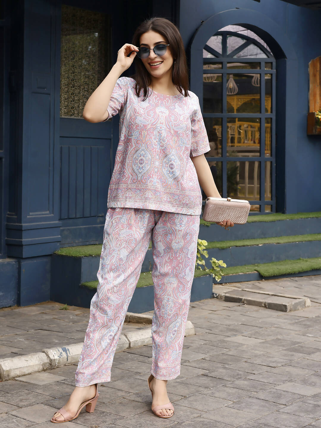Pink Rayon Paisley Printed Top with Matching Bottom - Eesha - Swadesiicart
