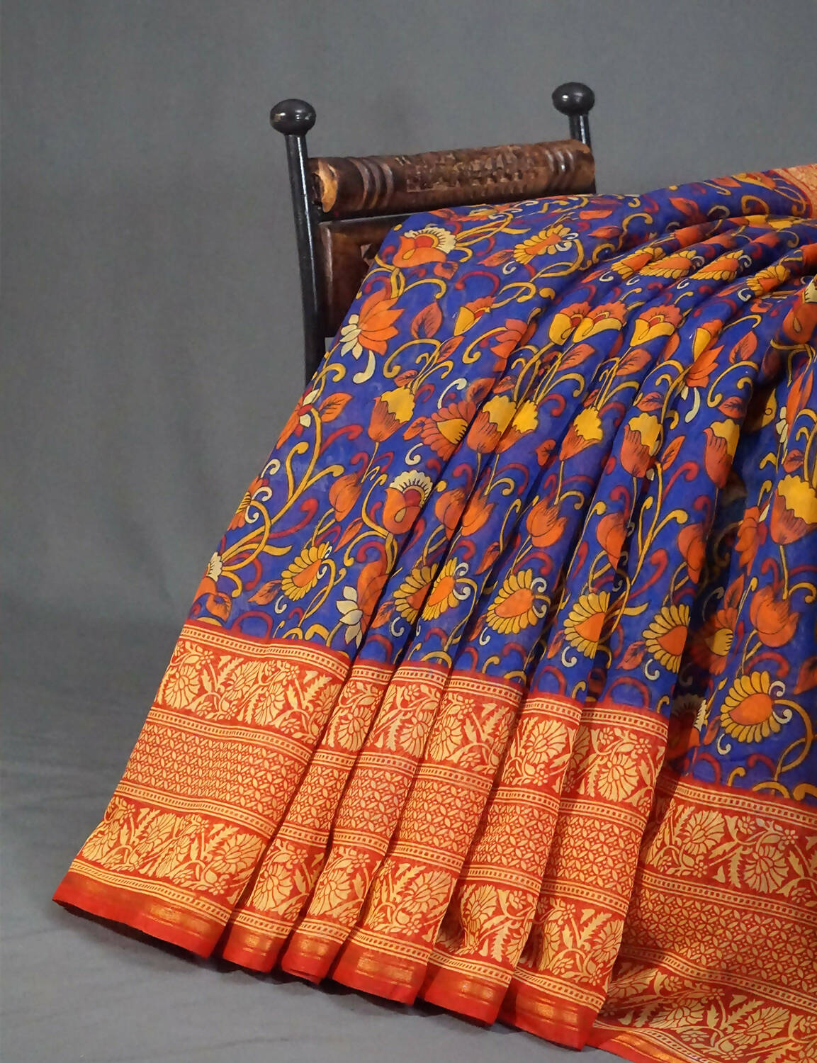 Vibrant Combination Of Ink Blue Kalamkaari Design Semi Chanderi Saree With Contrast Blouse By Gayathri Reddy Designer Studio | Swadesiicart