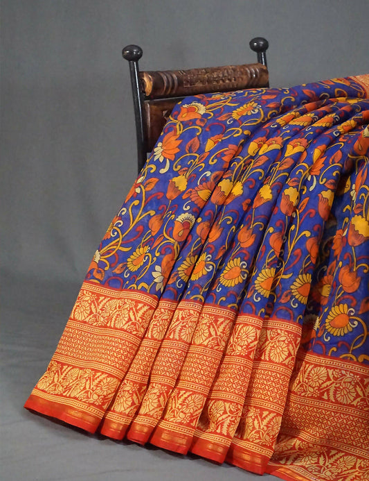 Vibrant Combination Of Ink Blue Kalamkaari Design Semi Chanderi Saree With Contrast Blouse By Gayathri Reddy Designer Studio | Swadesiicart
