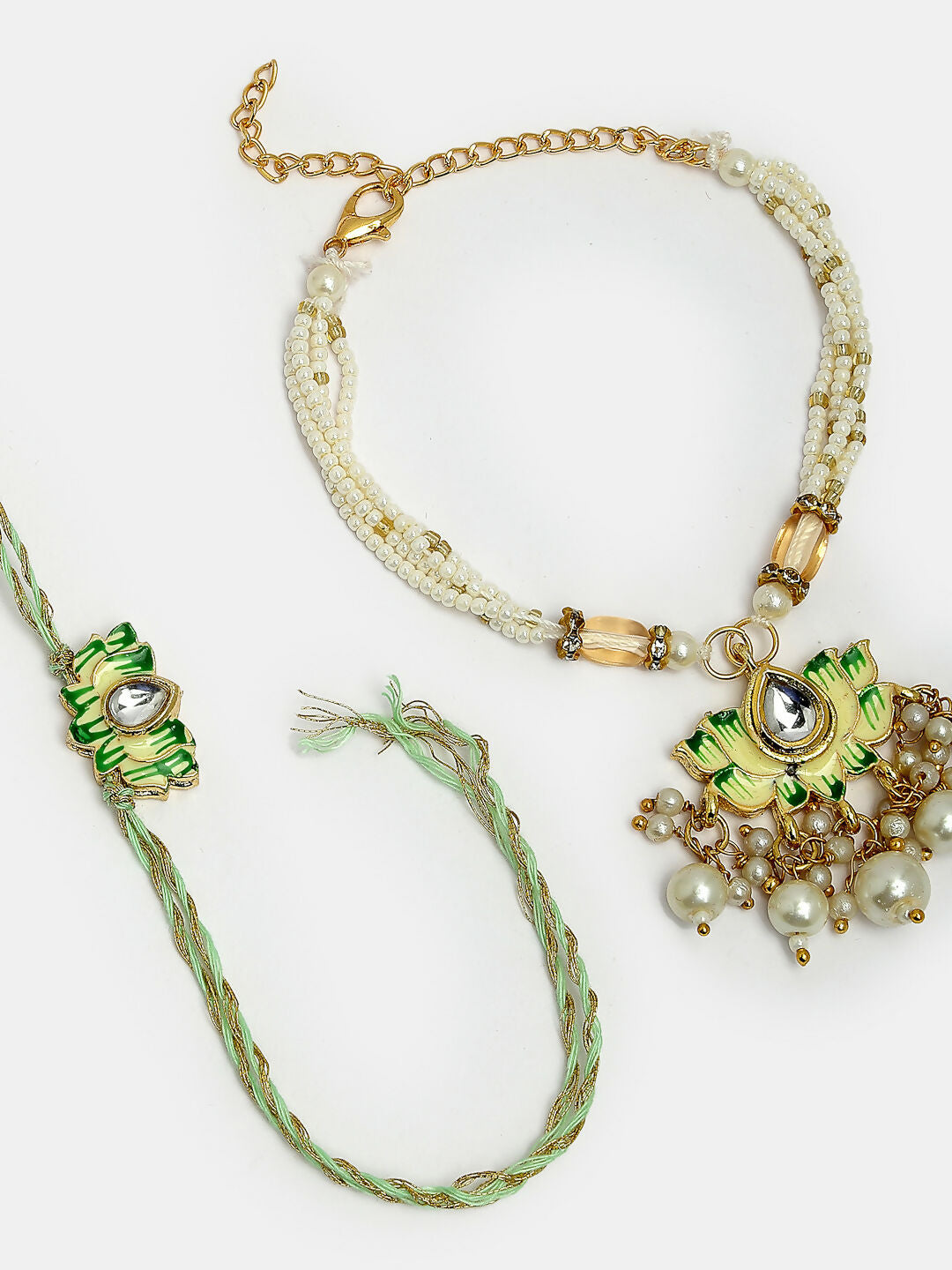 NVR Women & Men Set of 2 Green Lotus Shape Kundan-Studded & Beaded Handcrafted Wraparound Rakhi Set With Roli Chawal | Swadesiicart