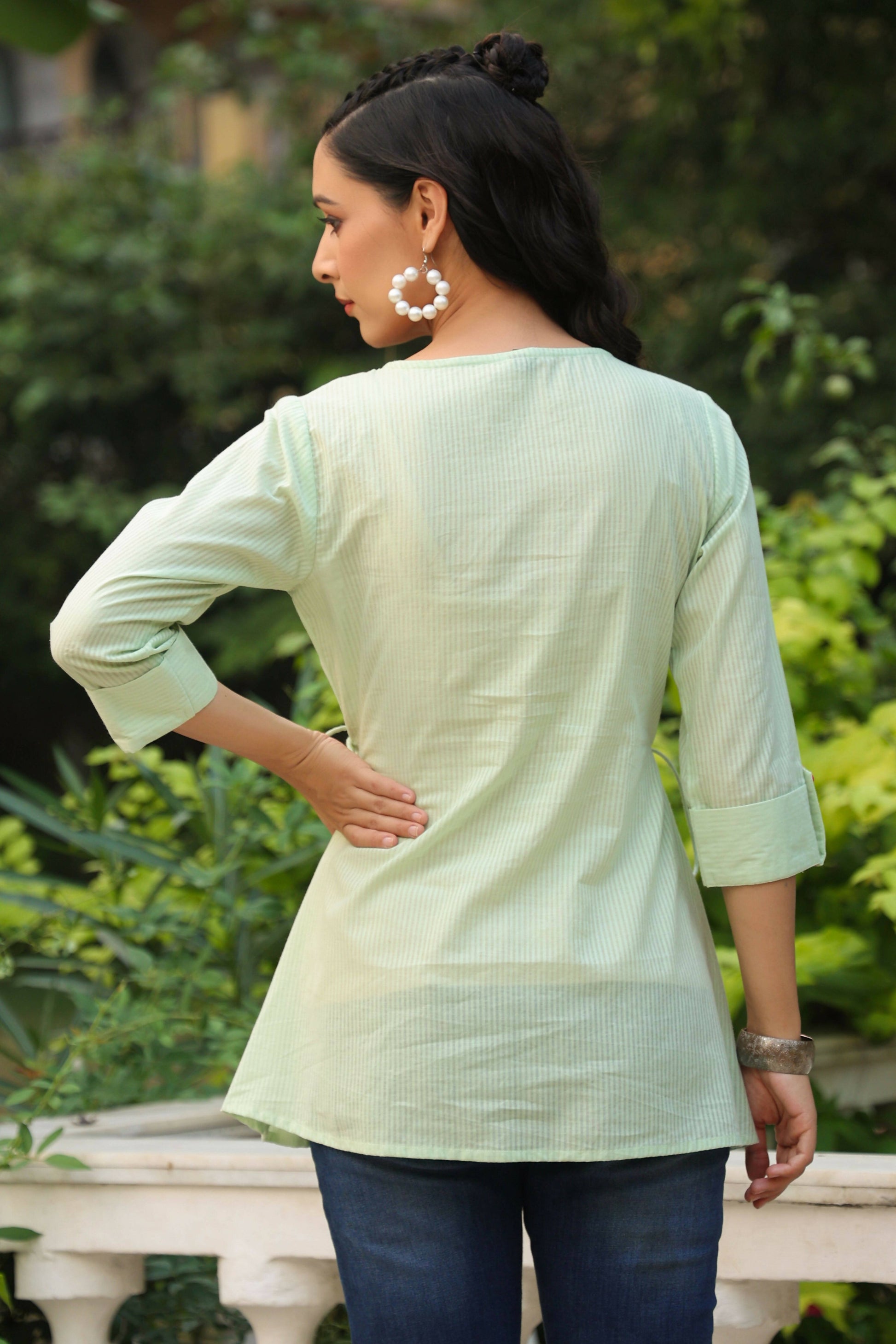 Juniper Women's Green Cotton Dobby Solid Embroidered Straight Tunic | Swadesiicart