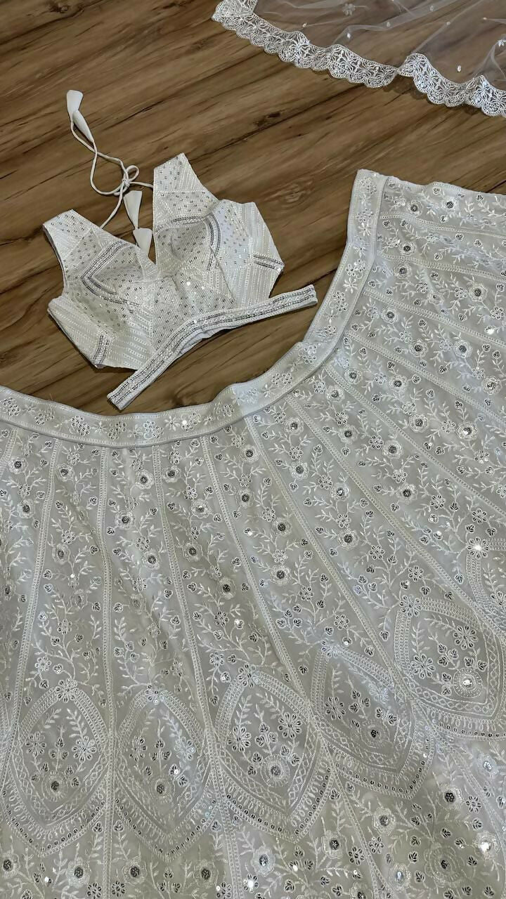 Jyoti Fashion Women's Off White Georgette Codding Thread with Sequins Embroidered Designer Lehenga Choli Set | Swadesiicart