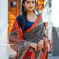 Zibaa Hand-Blocked Pure Maheshwari Silk Navy Blue Saree | Swadesiicart