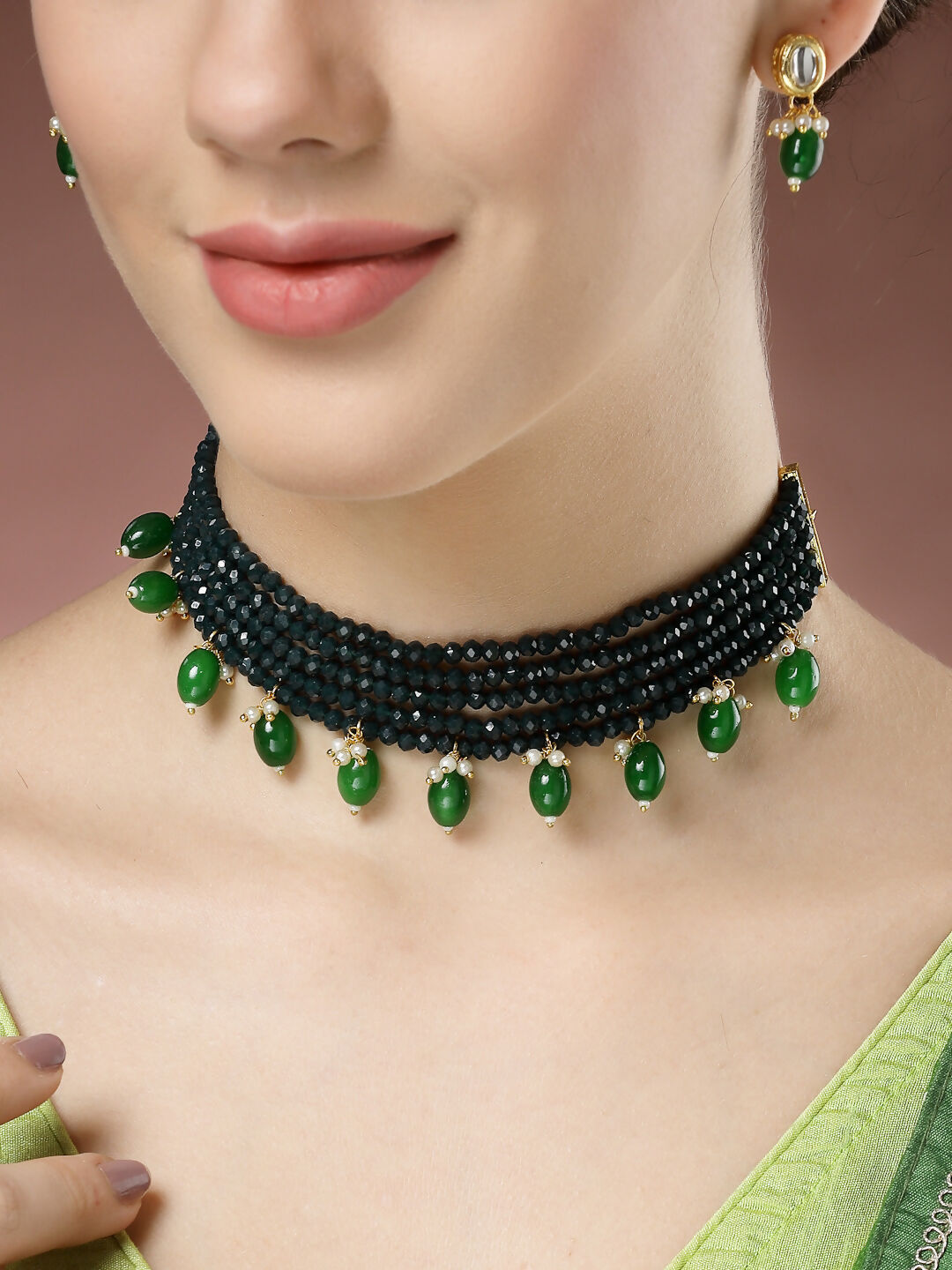 NVR Women's Green Artificial Beads Layered Necklace with Drop Earring - Swadesiicart