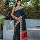 Vishnu Weaves Women's Black Raw Silk Zari Woven Saree with Blouse - Swadesiicart