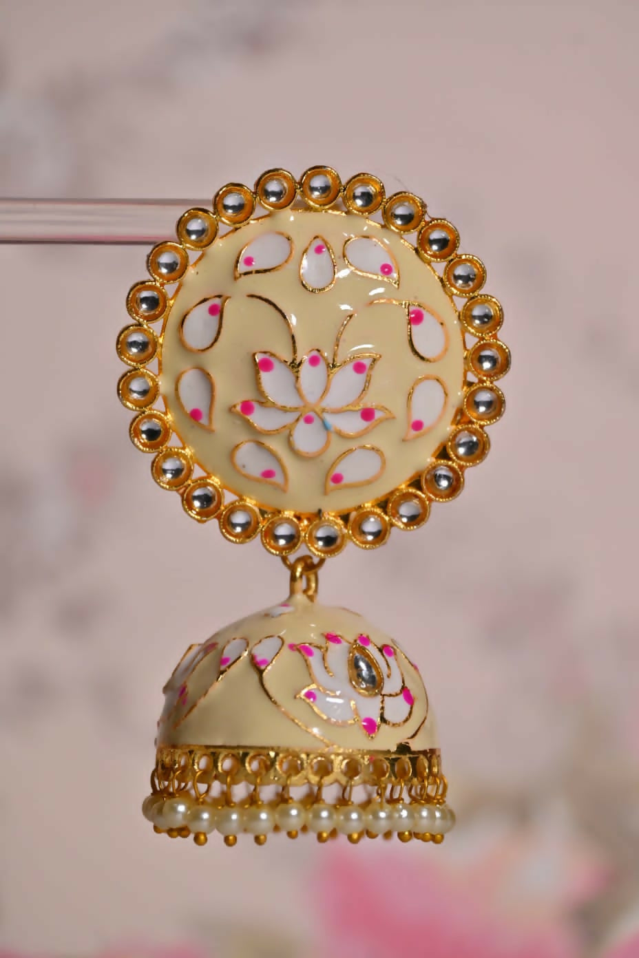 Beige Round Shape Ethnic Meenakari Jhumki Earrings By House of Ree - Swadesiicart