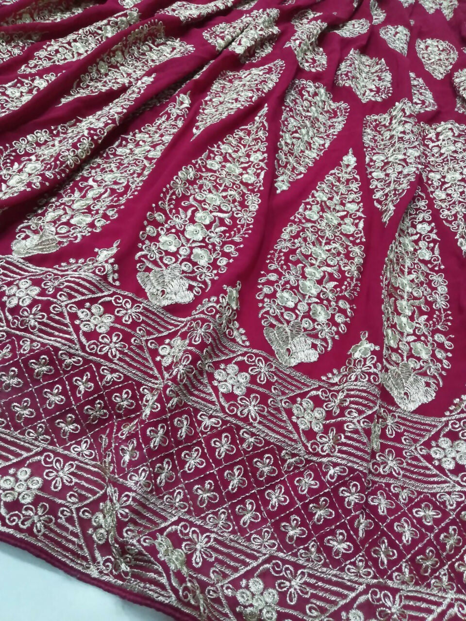 Jyoti Fashion Graceful Cherry Red Faux Georgette Jari Embroidery Lehenga Choli with Dupatta | Swadesiicart