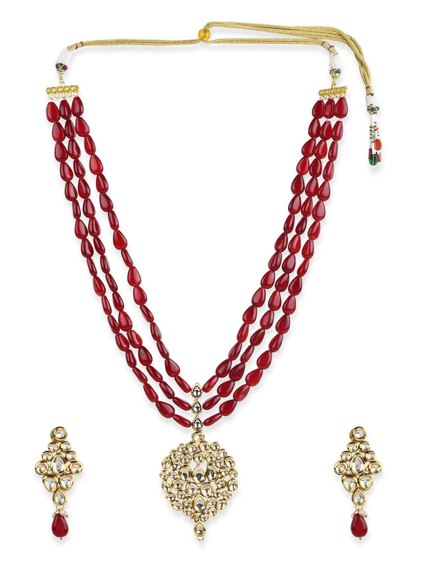 Gold-Polished White Maroon Kundan Studded Beaded Handcrafted Jewellery Set - Ruby Raang - Swadesiicart