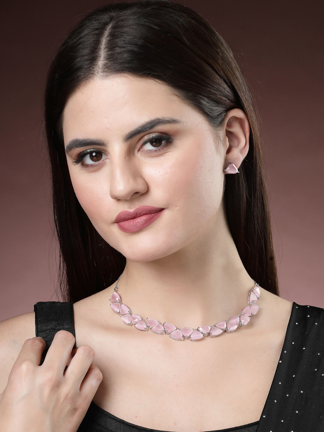 NVR Women's Pink Artificial Stones Studded Handcrafted Jewellery Set - Swadesiicart