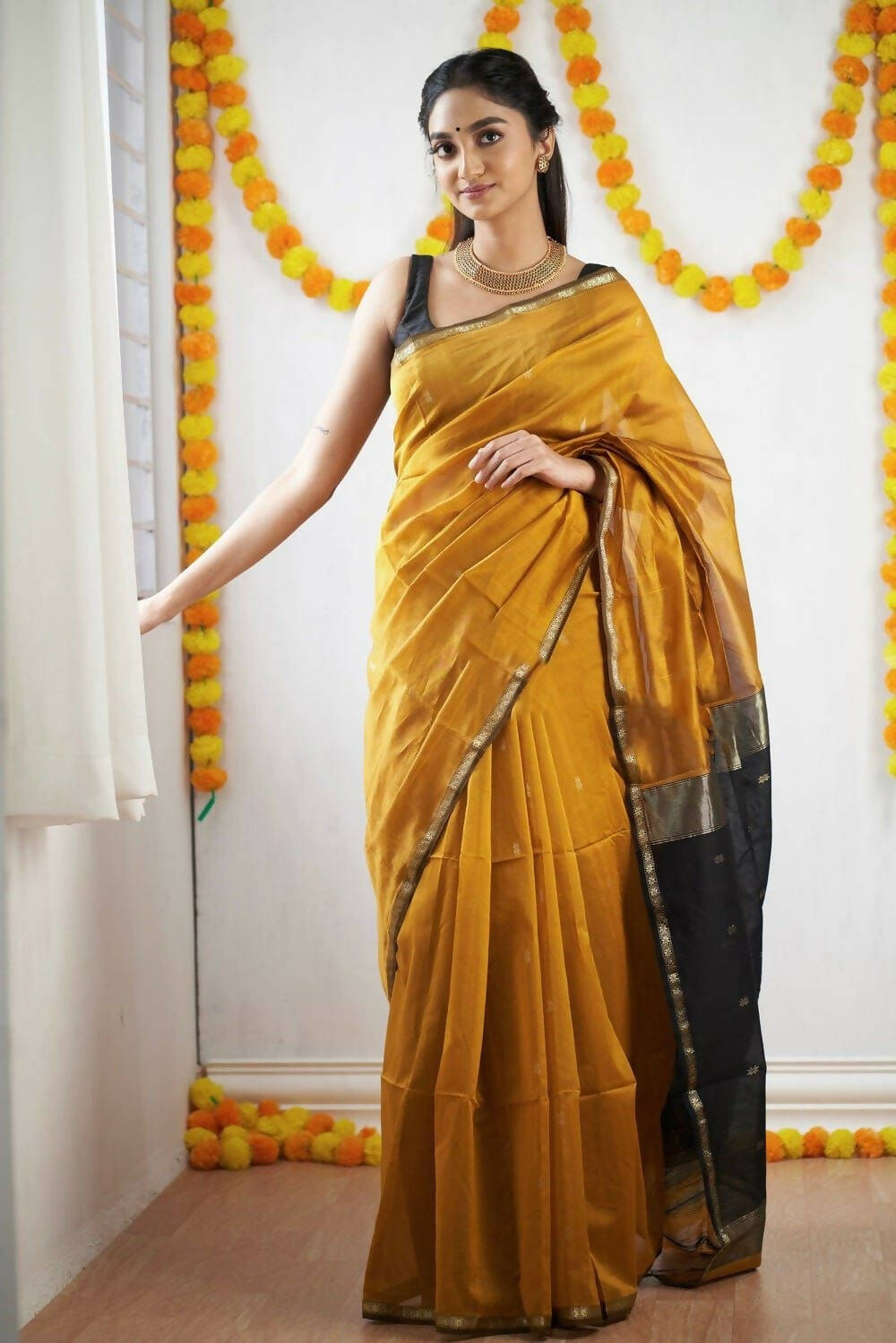 DEIANA'S Beautiful Designer Golden zari Soft Cotton Saree - Yellow - Swadesiicart