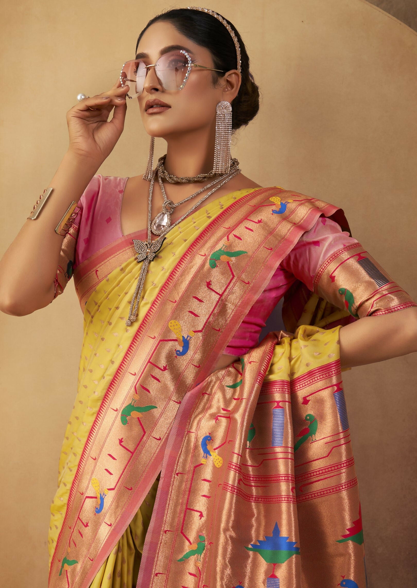 Vishnu Weaves Women's Yellow Paithani Silk Saree with Blouse - Swadesiicart