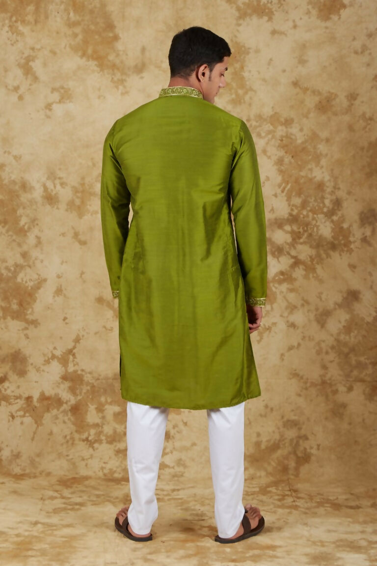 Bluesaanchi Men's Sunshine Handwoven Embroidered Apple Green Kurta Set | Swadesiicart