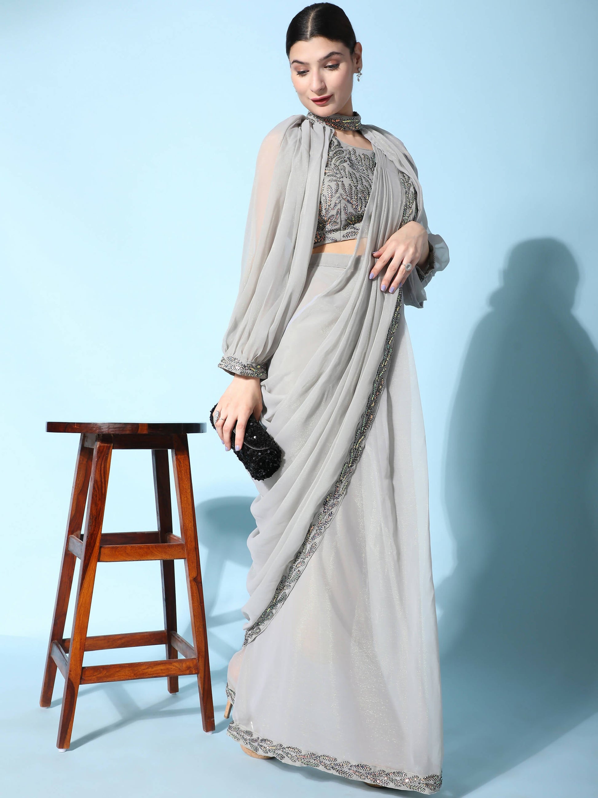 Grey Fancy Pure Fabric Plain Ready to wear Saree with stitched Blouse - Vrinda | Swadesiicart