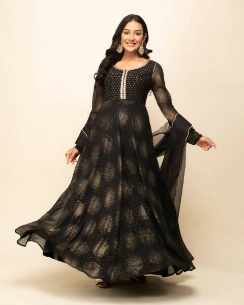 FIORRA Women's Black Georgette Flared Kurta With Dupatta - Swadesiicart