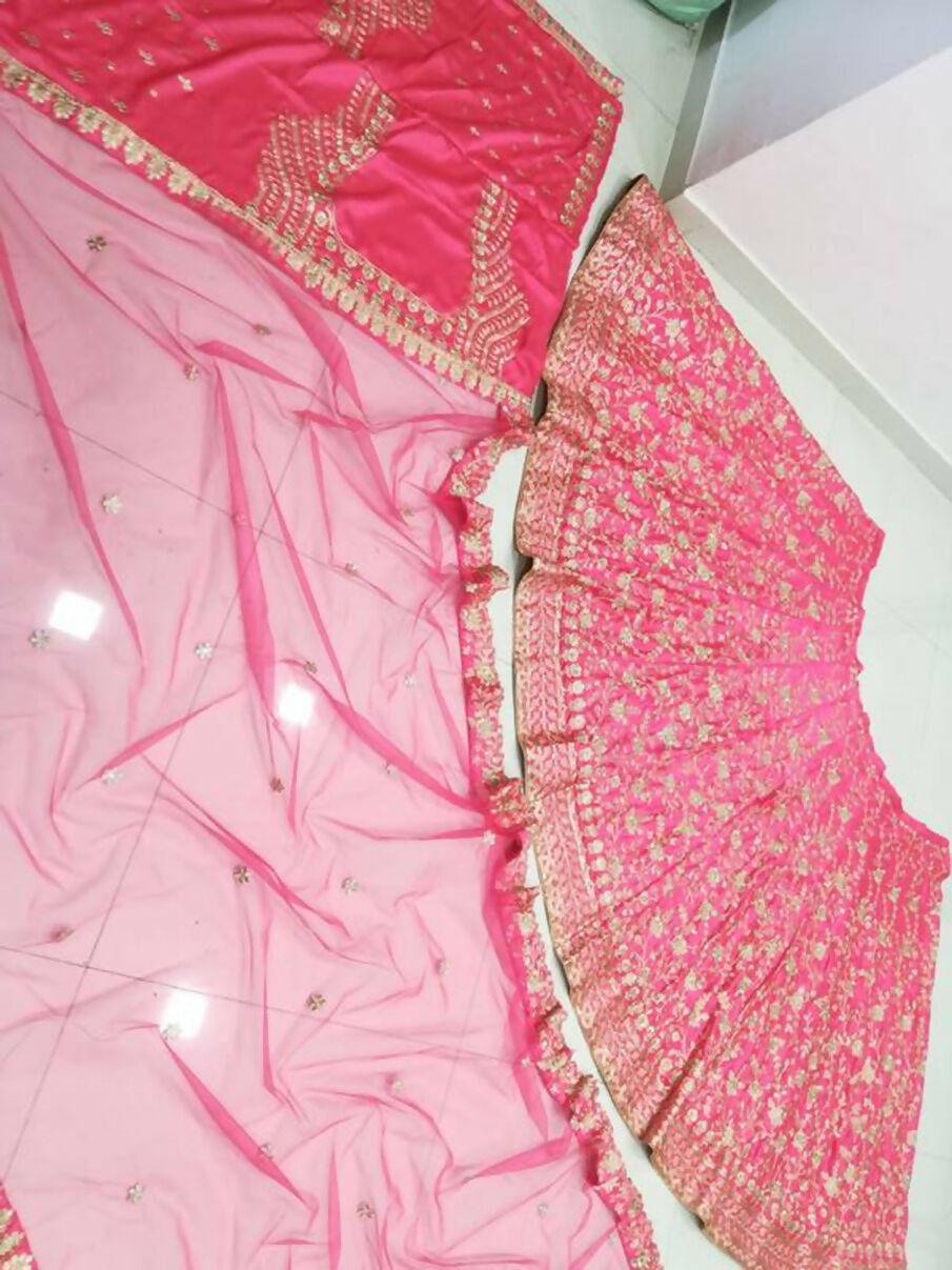 Jyoti Fashion Gajri Red Zari and Sequins Embroidered Malai Satin Silk Lehenga Choli with Dupatta | Swadesiicart