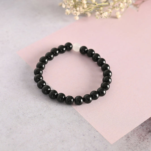 NVR Men & Women Black Marble Crystal Beaded Elasticated Bracelet - Swadesiicart