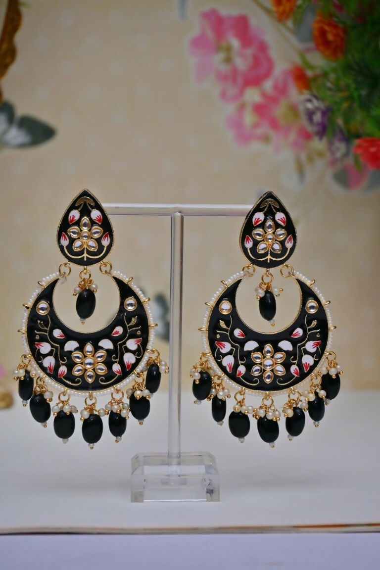 Black Gold-Polished Brass & Pearl Dangle Women Earrings| Hand Painted Meenakari Chandbali Traditional Ethnic Wear Earrings By House of Ree - Swadesiicart