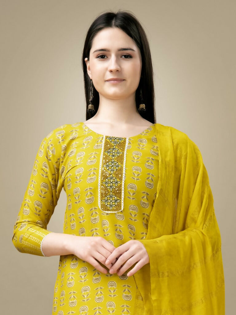 Jyoti Fashion Women's Yellow Rayon Embroidery & Sequence work Kurta with Trouser & Dupatta | Swadesiicart