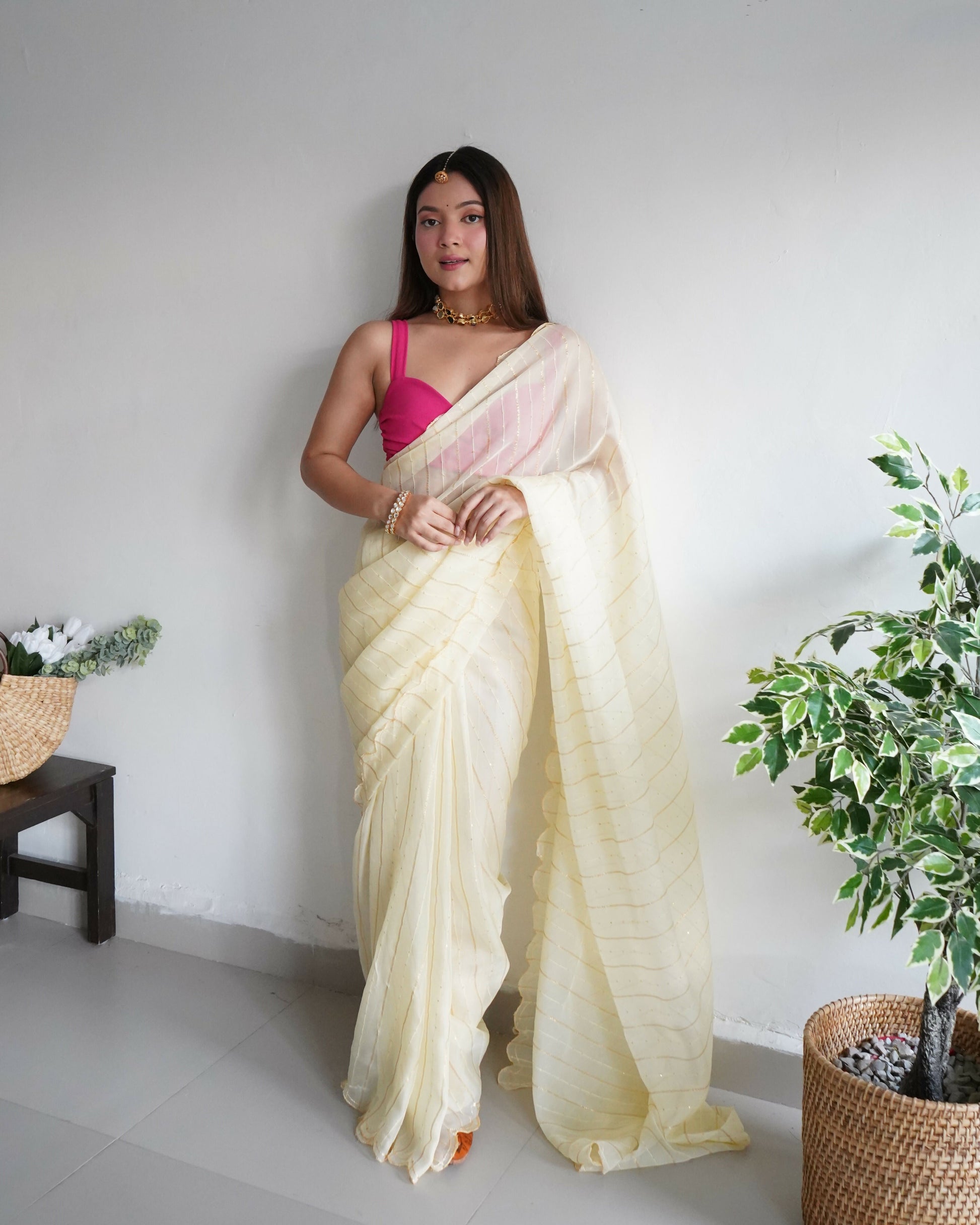 Vamsee Lining Organza Yellow Chiffon Saree - Swadesiicart