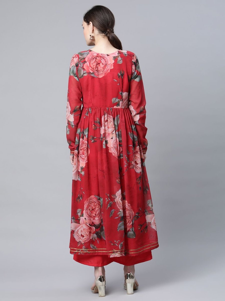 Ahalyaa Women Red Georgette Digital Floral Printed Kurta Palazzo Set - Swadesiicart
