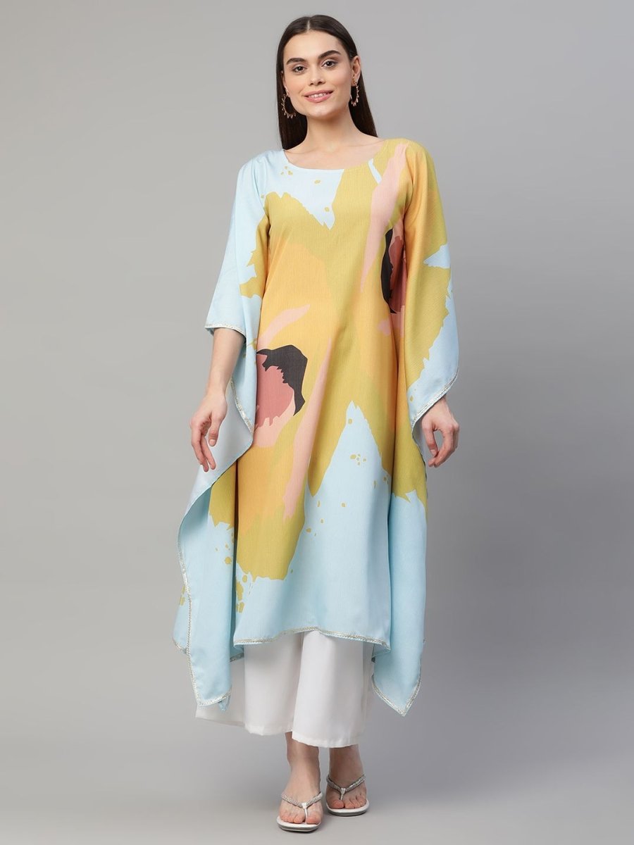 Ahalyaa Women Yellow Crepe Digital Printed Kaftan Kurta with Palazzos | Swadesiicart