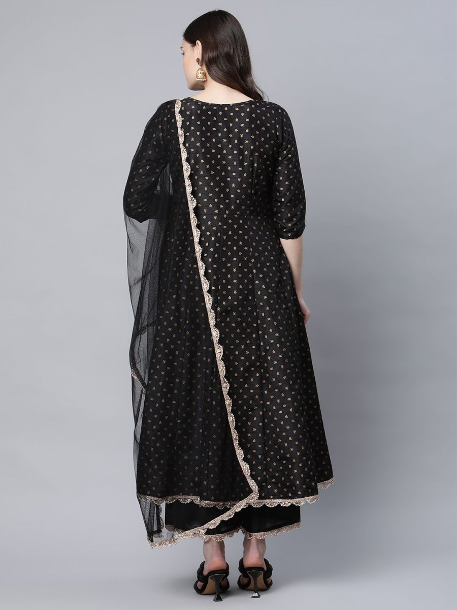 Ahalyaa Women Black Poly Silk Gold Printed Anarkali Kurta Palazzo Set With Dupatta | Swadesiicart