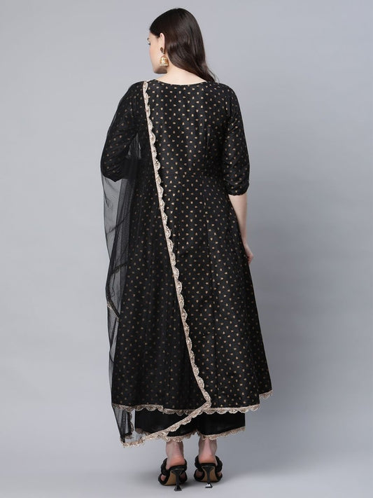 Ahalyaa Women Black Poly Silk Gold Printed Anarkali Kurta Palazzo Set With Dupatta | Swadesiicart