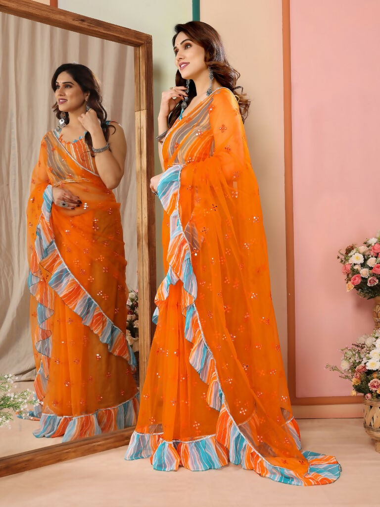 Partywear Designer Orange Net Fancy Saree - Dyuti | Swadesiicart