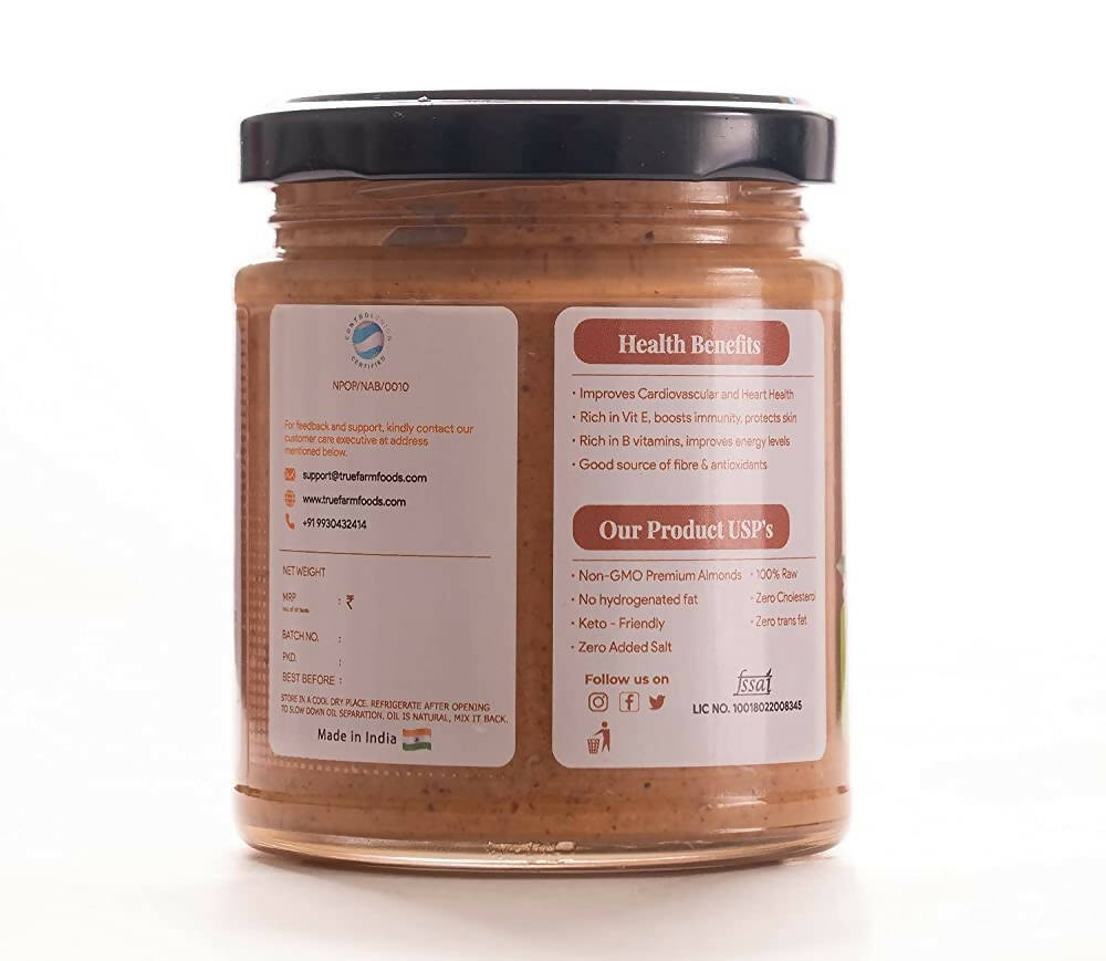 Truefarm Organic Almond Butter Creamy-Unsweetened - Swadesiicart