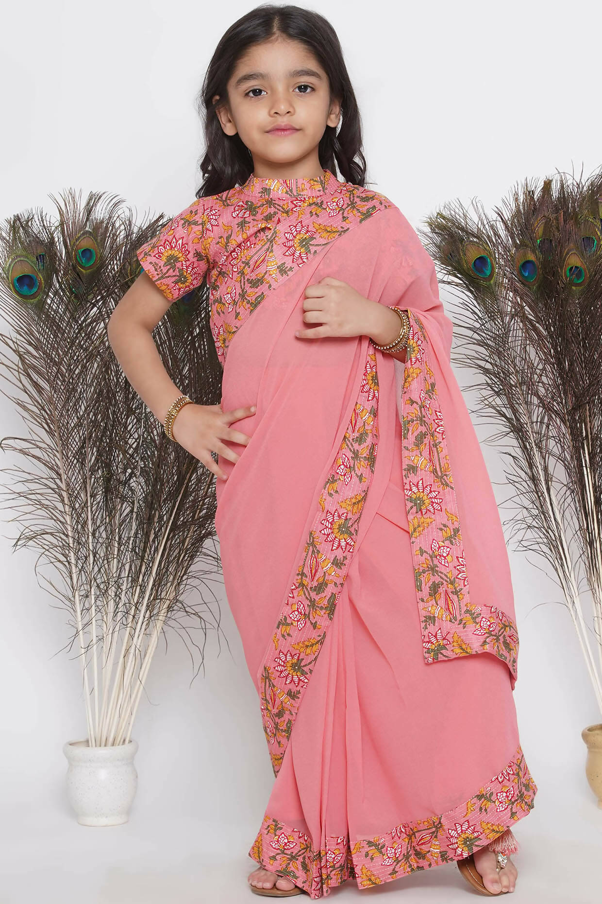 Little Bansi Floral Print Ready To Wear Saree And Floral Blouse - Coral | Swadesiicart