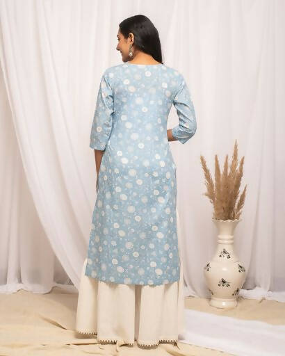 FIORRA Women's Floral Printed Sky Blue Cotton Straight Kurta - Swadesiicart