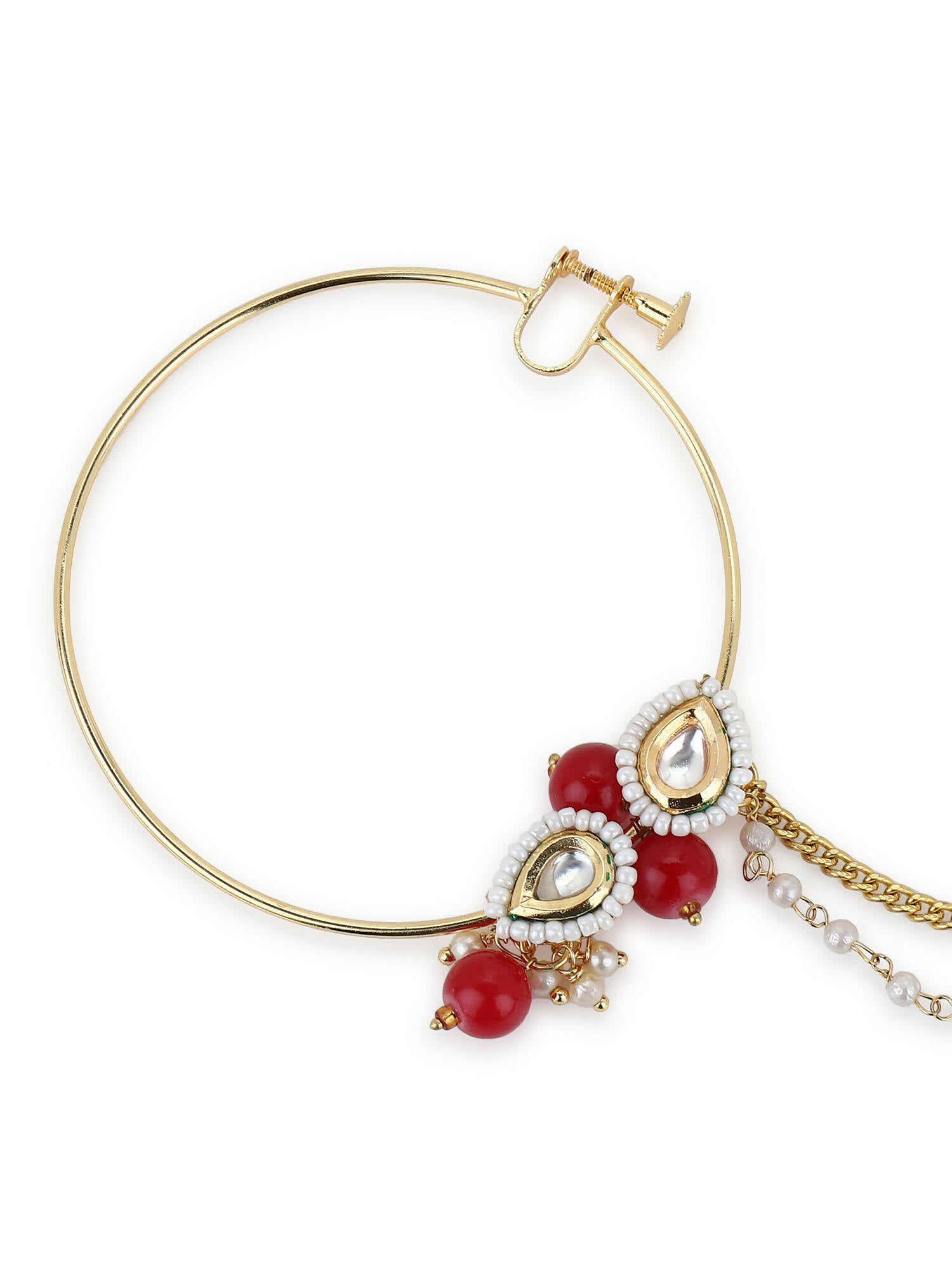 Gold-Pleated Red White Kundan Studded Beaded Nosepin - Ruby Raang | Swadesiicart