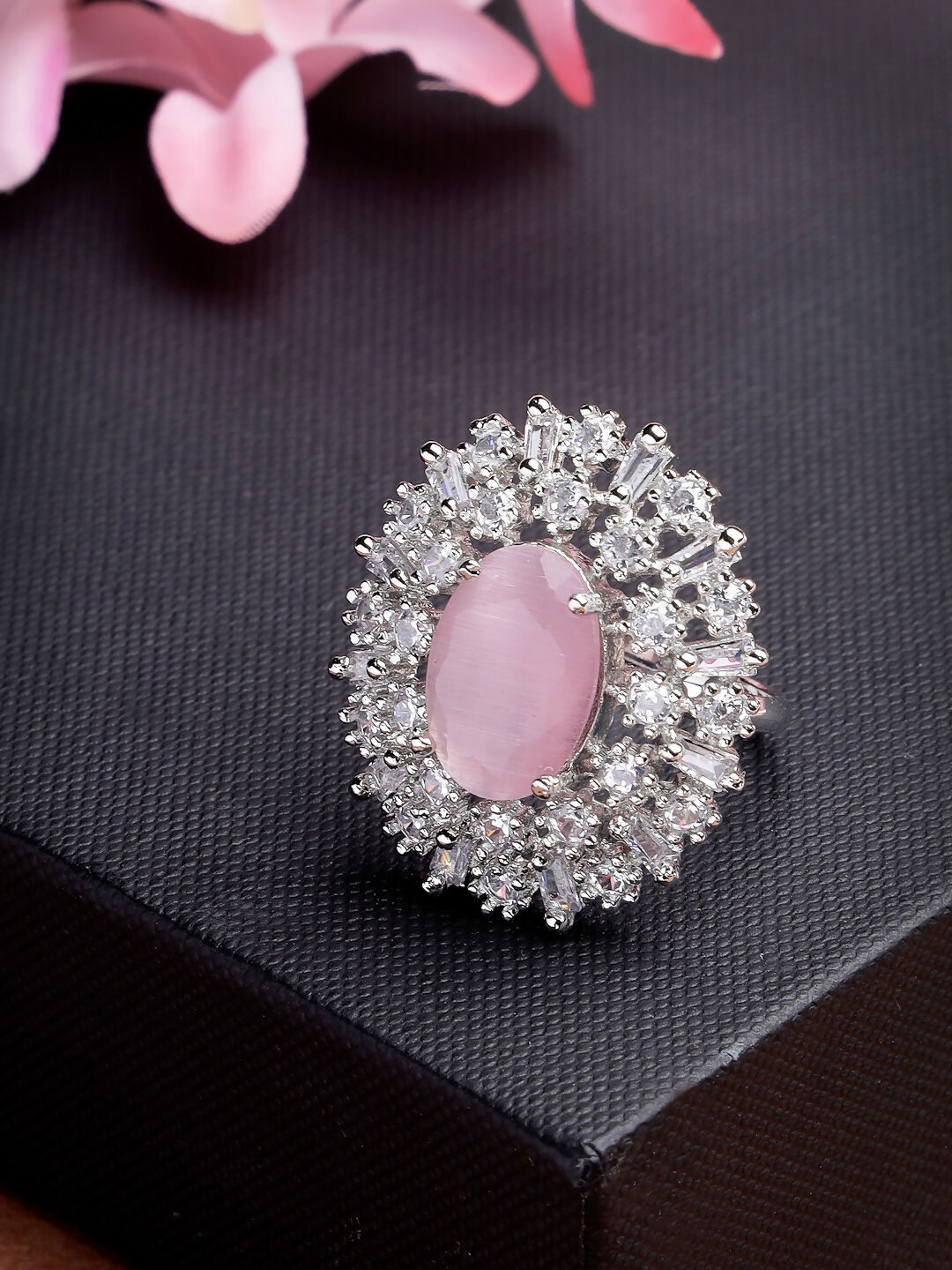 NVR Women's Pink & Silver CZ-Studded Handcrafted Adjustable Finger Ring | Swadesiicart