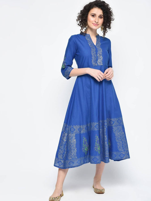 Cheera Hand Block Print Royal Blue Color Anarkali Kurta | Swadesiicart
